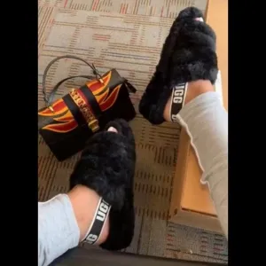 UGG Black Fluffy Slippers Cozy Comfort