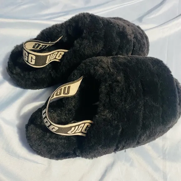 UGG Black Fluffy Slippers Cozy Comfort
