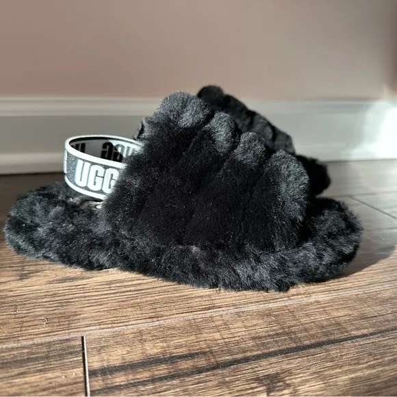 UGG Black Fluffy Slippers
