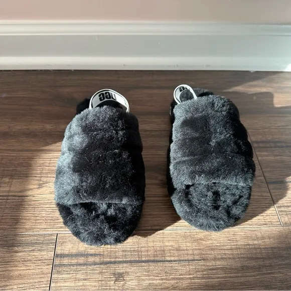 UGG Black Fluffy Slippers