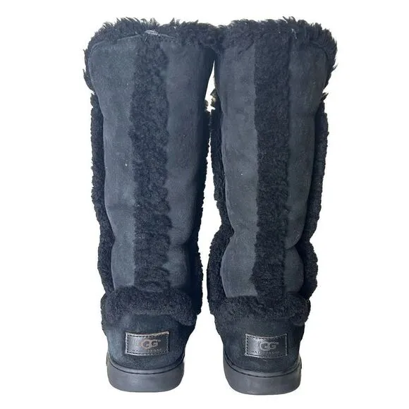 UGG Boots Sundance Waterproof Black SUEDE Leather Fur SHEEPSKIN BOOTS SZ 9