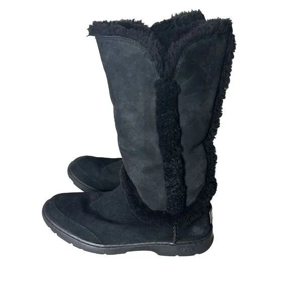 UGG Boots Sundance Waterproof Black SUEDE Leather Fur SHEEPSKIN BOOTS SZ 9