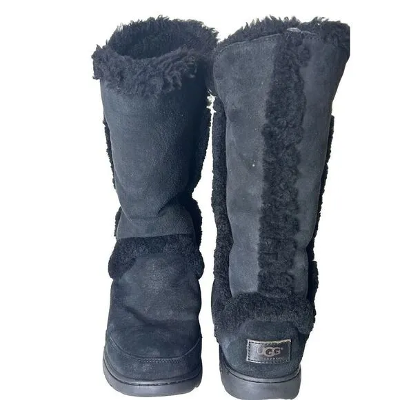 UGG Boots Sundance Waterproof Black SUEDE Leather Fur SHEEPSKIN BOOTS SZ 9