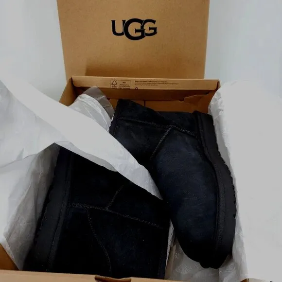 UGG Boots Woman 8 Classic Mini II Genuine Fur Suede Sheepskin Luxury Black Shoes