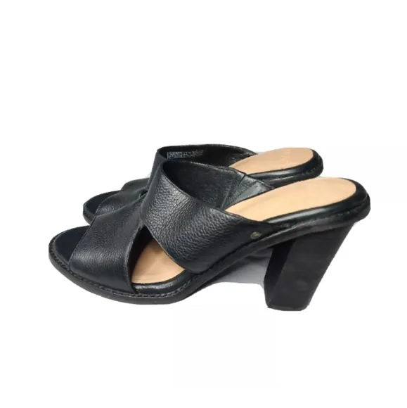 UGG Celia Black Leather Block Heel Sandals Size 8.5 M Slip On Shoes