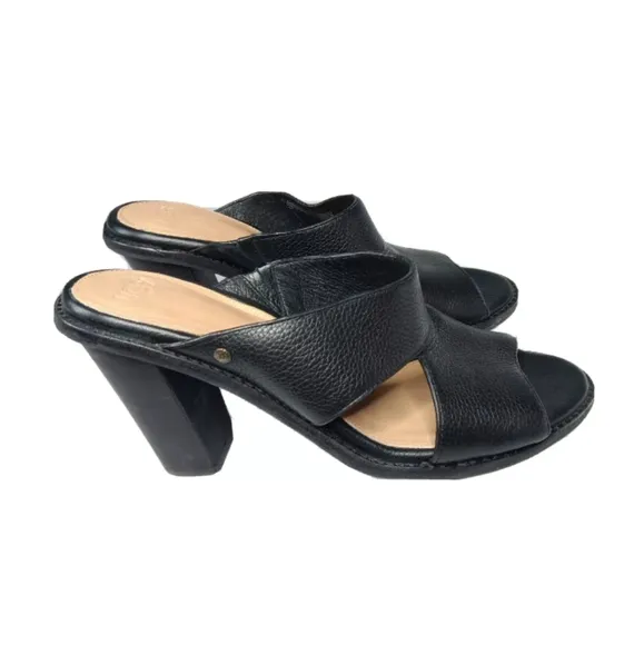 UGG Celia Black Leather Block Heel Sandals Size 8.5 M Slip On Shoes