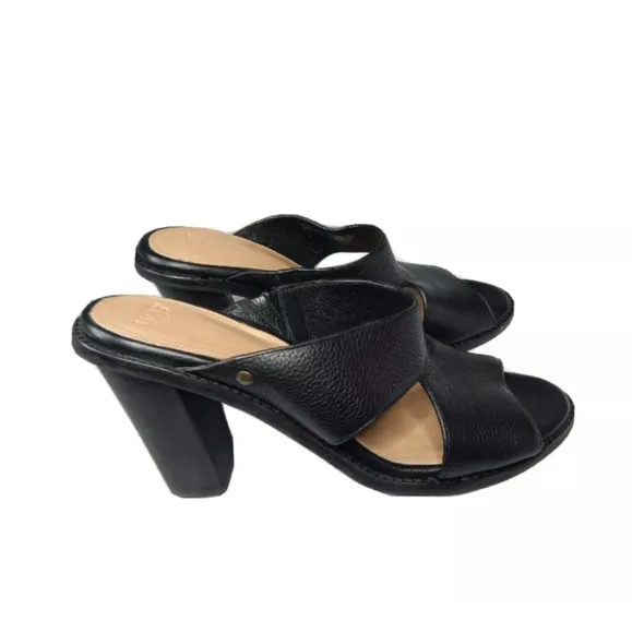 UGG Celia Black Leather Block Heel Sandals Size 8.5 M Slip On Shoes