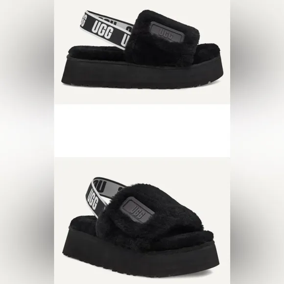 UGG Disco Slide Black Fuzzy Slingback Platform Sole Slippers Sz 8
