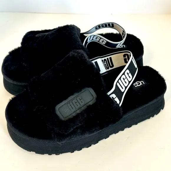 UGG Disco Slide Black Fuzzy Slingback Platform Sole Slippers Sz 8