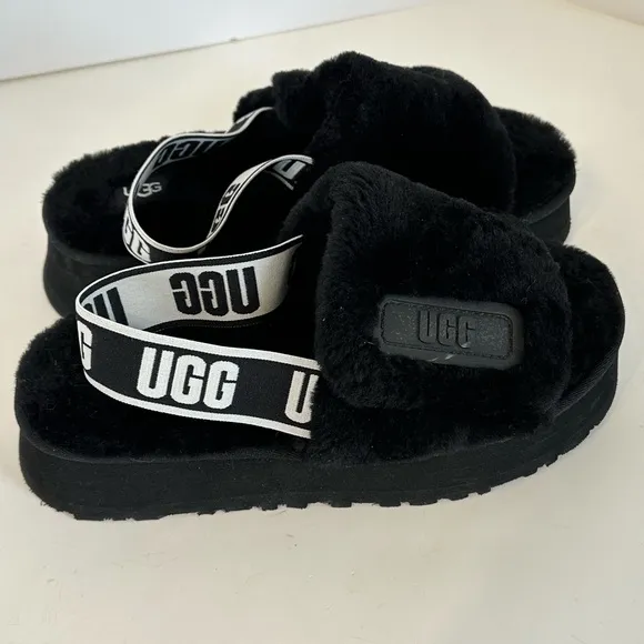 UGG Disco Slide Black Fuzzy Slingback Platform Sole Slippers Sz 8