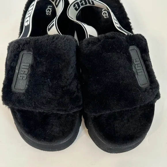 UGG Disco Slide Black Fuzzy Slingback Platform Sole Slippers Sz 8