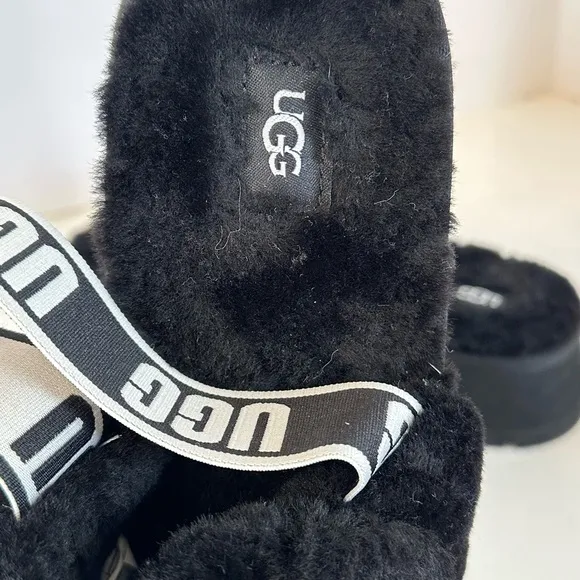 UGG Disco Slide Black Fuzzy Slingback Platform Sole Slippers Sz 8