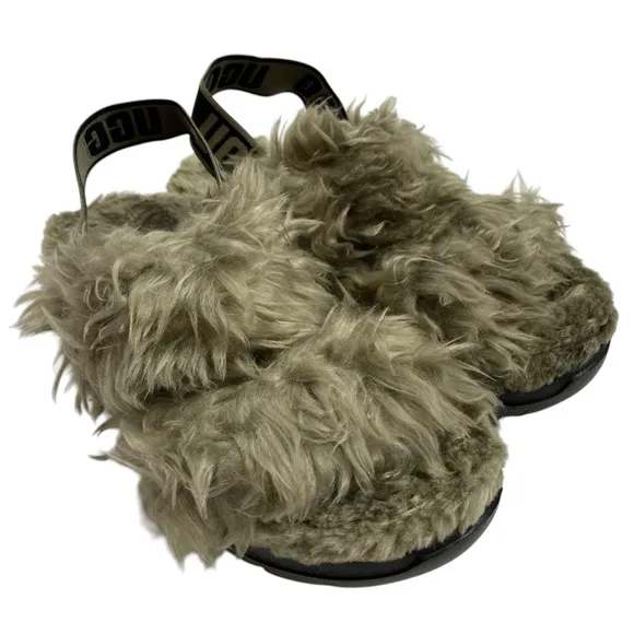 UGG Fluff Sugar Olive Green Slippers Shoes : Size 9 : NWOT $110 Retail