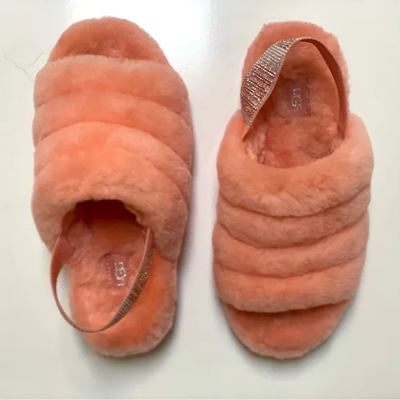 Ugg Fluff Yeah Bling Slingback Slippers Sandals, Coral, Shearling Crystals, Sz 8