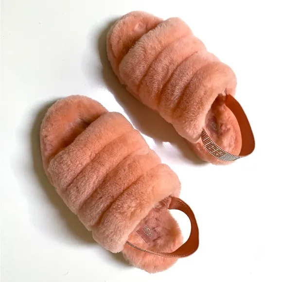 Ugg Fluff Yeah Bling Slingback Slippers Sandals, Coral, Shearling Crystals, Sz 8