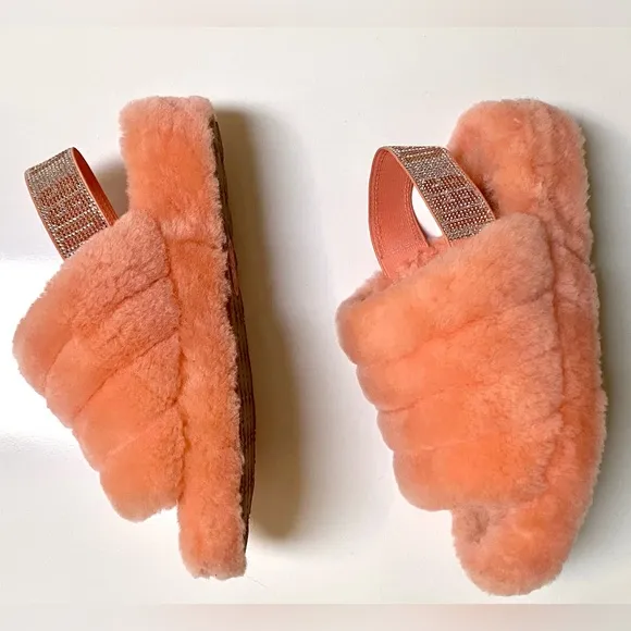 Ugg Fluff Yeah Bling Slingback Slippers Sandals, Coral, Shearling Crystals, Sz 8