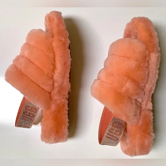 Ugg Fluff Yeah Bling Slingback Slippers Sandals, Coral, Shearling Crystals, Sz 8