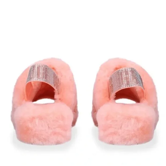 Ugg Fluff Yeah Bling Slingback Slippers Sandals, Coral, Shearling Crystals, Sz 8