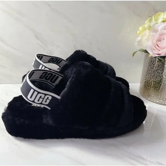 UGG Fluff Yeah Genuine Shearling Platform Slingback Sandal Slide Black US 7