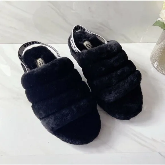 UGG Fluff Yeah Genuine Shearling Platform Slingback Sandal Slide Black US 7