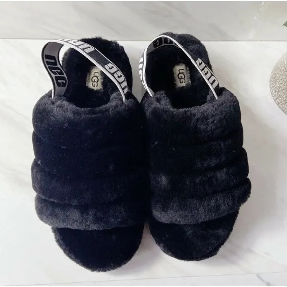 UGG Fluff Yeah Genuine Shearling Platform Slingback Sandal Slide Black US 7