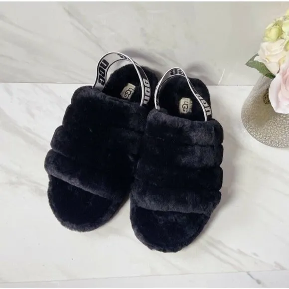 UGG Fluff Yeah Genuine Shearling Platform Slingback Sandal Slide Black US 7