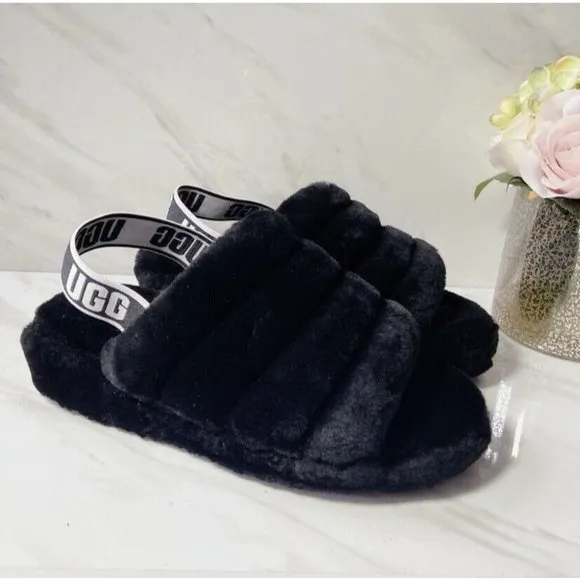 UGG Fluff Yeah Genuine Shearling Platform Slingback Sandal Slide Black US 7