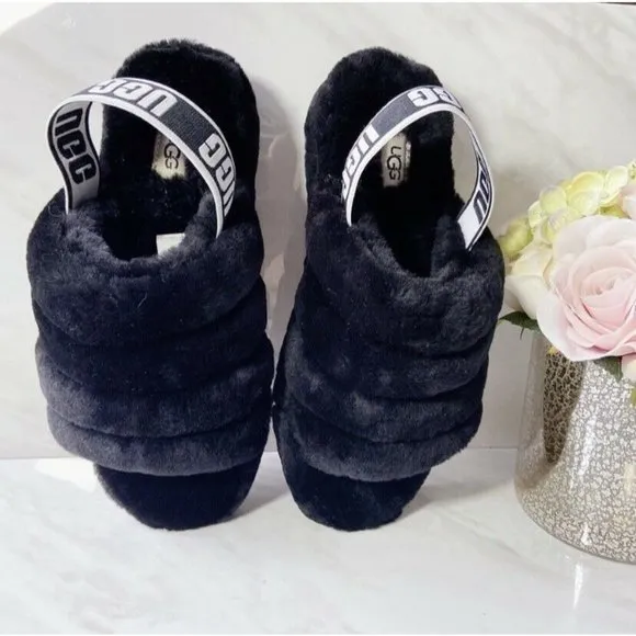 UGG Fluff Yeah Genuine Shearling Platform Slingback Sandal Slide Black US 7
