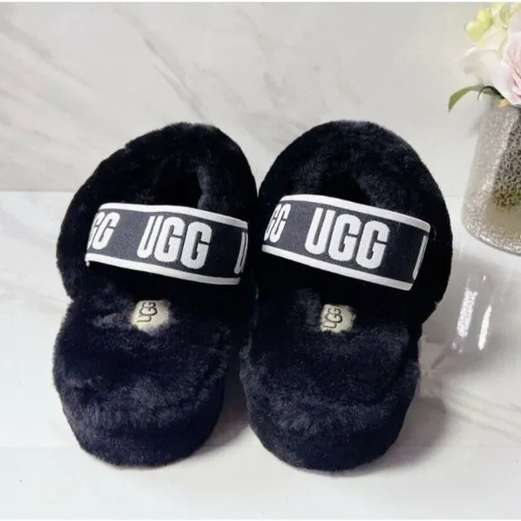 UGG Fluff Yeah Genuine Shearling Platform Slingback Sandal Slide Black US 7