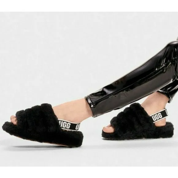 UGG Fluff Yeah Genuine Shearling Platform Slingback Sandal Slide Black US 7