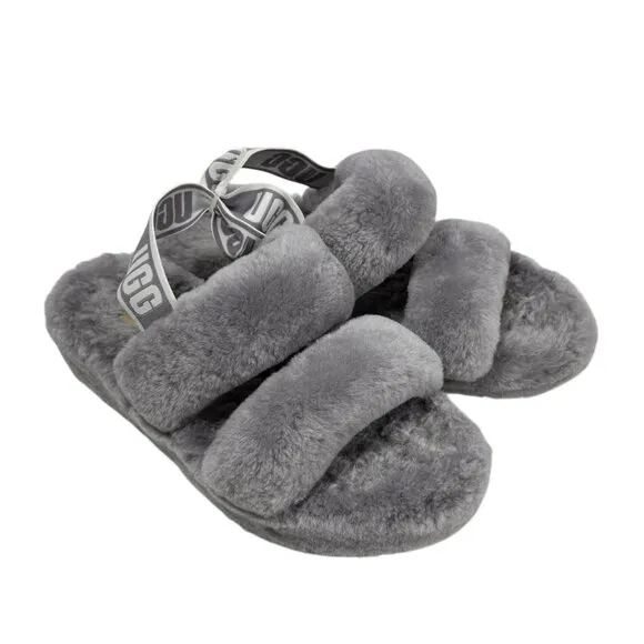 Ugg Fluff Yeah Gray Sheepskin Slide Slingback Platform Slippers Sz.8.5 Comfy