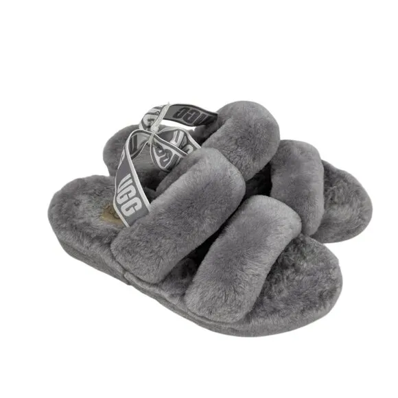 Ugg Fluff Yeah Gray Sheepskin Slide Slingback Platform Slippers Sz.8.5 Comfy