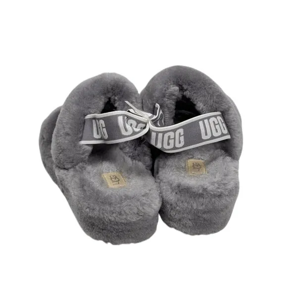 Ugg Fluff Yeah Gray Sheepskin Slide Slingback Platform Slippers Sz.8.5 Comfy