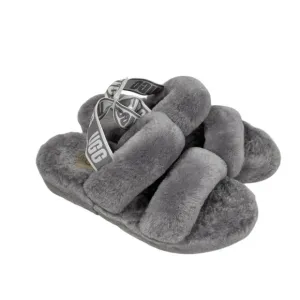 Ugg Fluff Yeah Gray Sheepskin Slide Slingback Platform Slippers Sz.8.5 Comfy