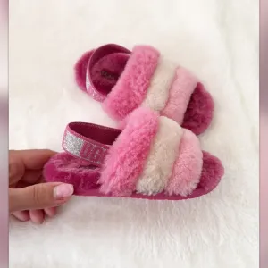 Ugg fluff yeah pink/white faux fur girls slippers