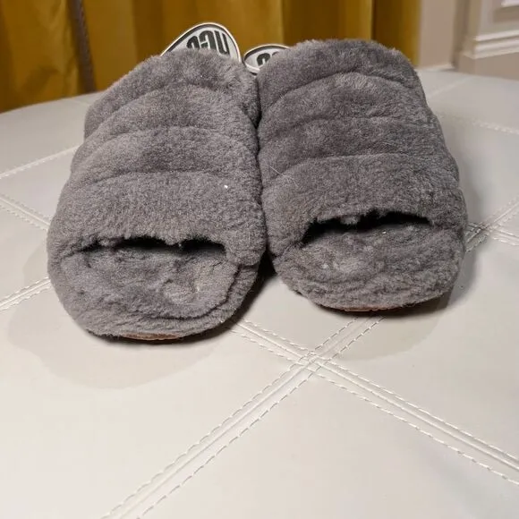 UGG Fluff Yeah Slide Slippers Gray Sheepskin Fluffy Slides Women's Size‎ 6