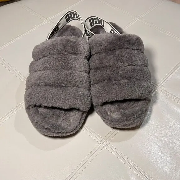 UGG Fluff Yeah Slide Slippers Gray Sheepskin Fluffy Slides Women's Size‎ 6
