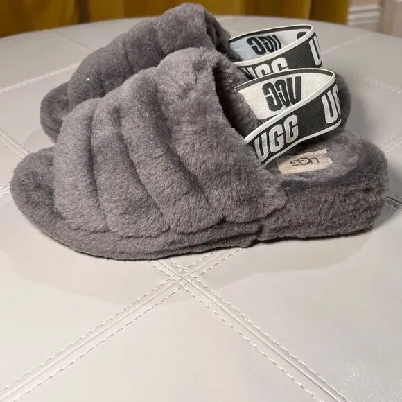 UGG Fluff Yeah Slide Slippers Gray Sheepskin Fluffy Slides Women's Size‎ 6