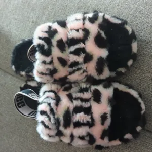 UGG  Fluffy Animal Print Slippers - Black and Pink