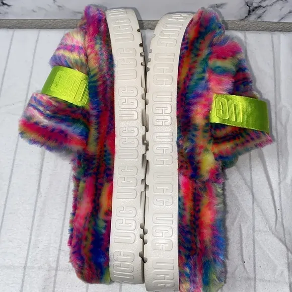 UGG Fluffy Rainbow Slippers with Green Strap, Colorful Slides,pixelate platform