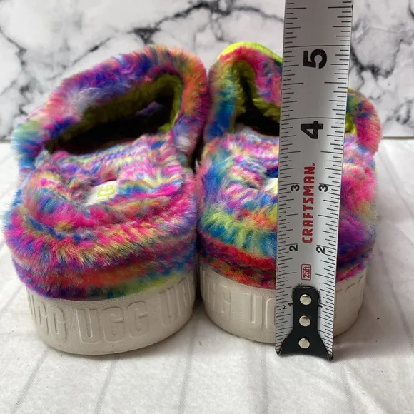 UGG Fluffy Rainbow Slippers with Green Strap, Colorful Slides,pixelate platform