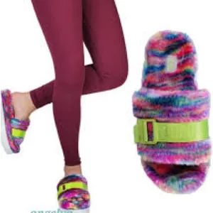 UGG Fluffy Rainbow Slippers with Green Strap, Colorful Slides,pixelate platform