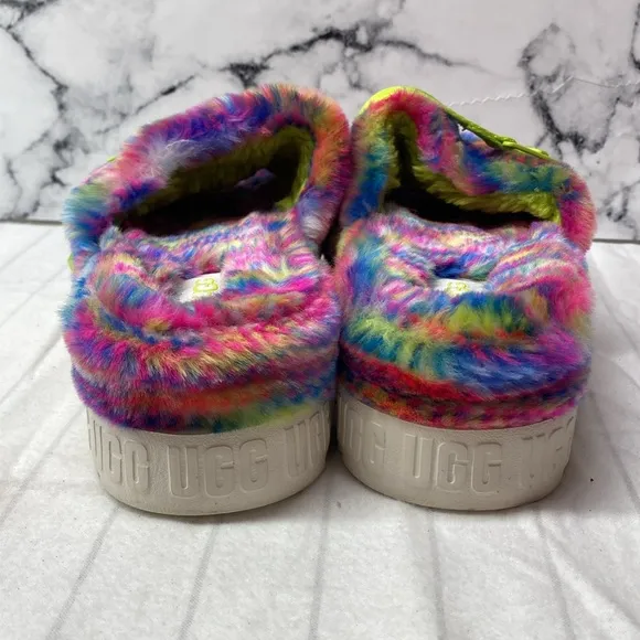 UGG Fluffy Rainbow Slippers with Green Strap, Colorful Slides,pixelate platform