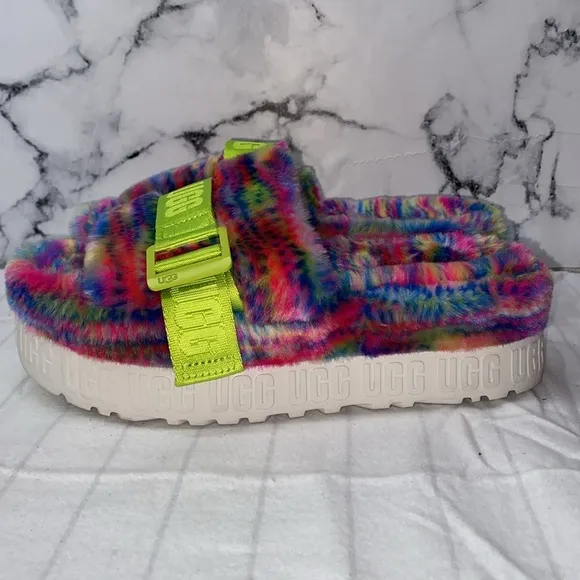 UGG Fluffy Rainbow Slippers with Green Strap, Colorful Slides,pixelate platform