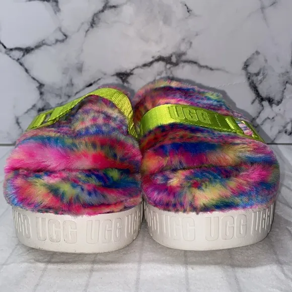 UGG Fluffy Rainbow Slippers with Green Strap, Colorful Slides,pixelate platform