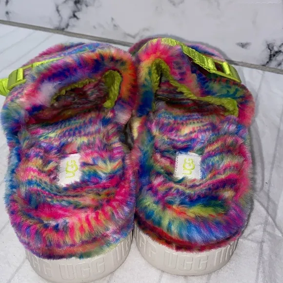 UGG Fluffy Rainbow Slippers with Green Strap, Colorful Slides,pixelate platform