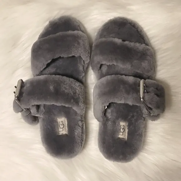 UGG Fuzz Yeah Slippers Geyser Gray Slip On House Shoes
