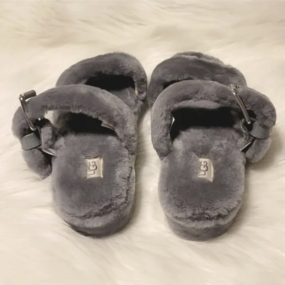 UGG Fuzz Yeah Slippers Geyser Gray Slip On House Shoes
