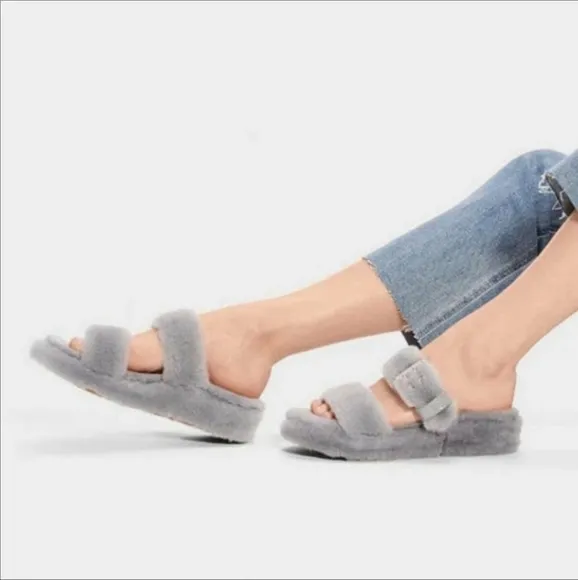 UGG Fuzz Yeah Slippers Geyser Gray Slip On House Shoes