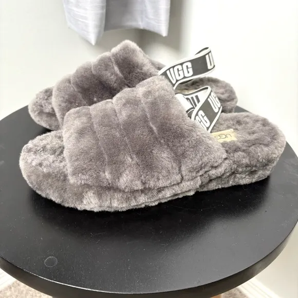 UGG Gray Fluff Slingback Slippers